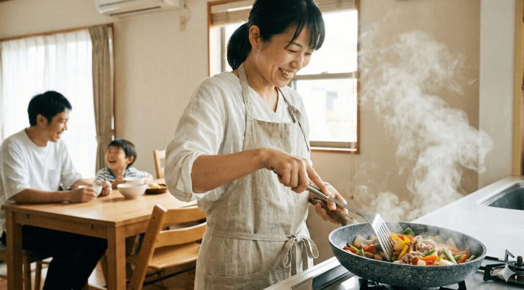 バッラリーニのフライパンで家族のために安全で美味しい料理を作る笑顔の女性