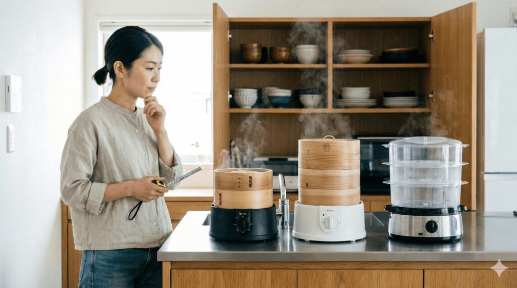 キッチンで木製の電気せいろ2機種と透明なフードスチーマーを並べ、メジャーを手にサイズや種類を比較検討している女性
