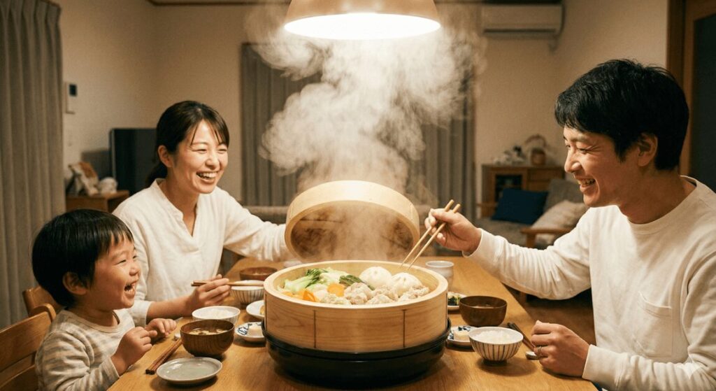 ダイニングテーブルの中央で大量の湯気を上げる電気せいろを囲み、出来たての蒸し料理を笑顔で楽しむ親子3人の家族団らんの風景