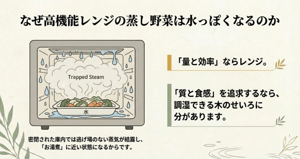 seiro-mechanism.jpg	レンジ加熱と木のせいろの蒸気コントロールの違い