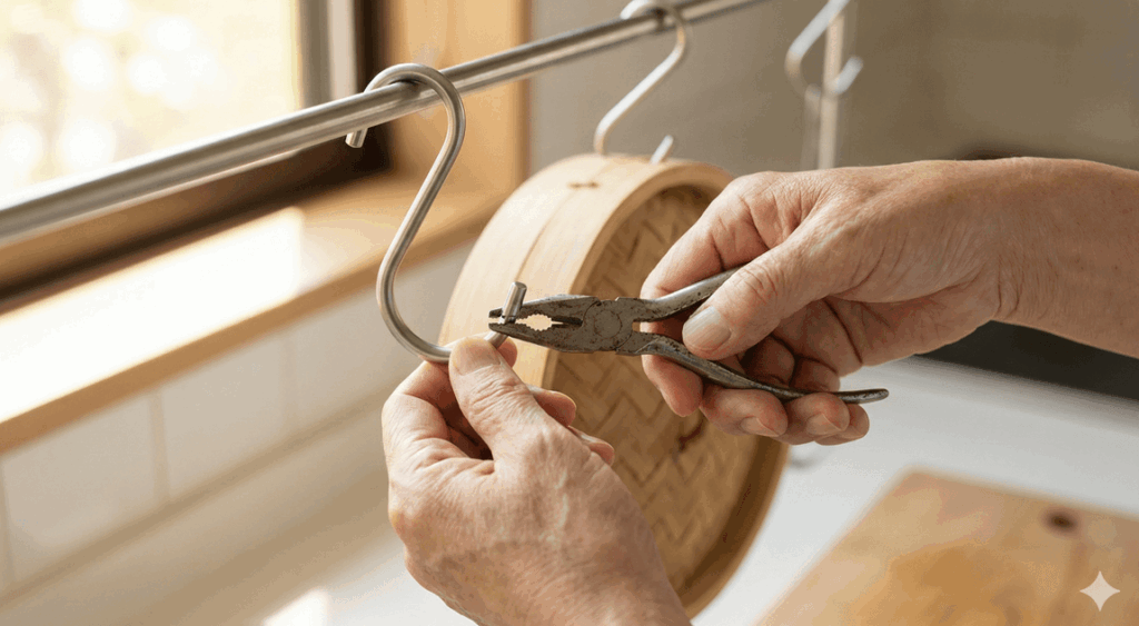 S字フックが落ちないようにペンチでかしめて固定する落下防止の対策