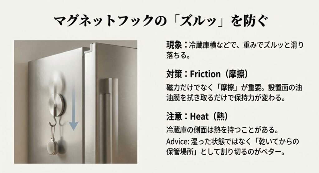 冷蔵庫横のマグネットフックがずり落ちる対策 / 摩擦を増やすことと熱に注意する