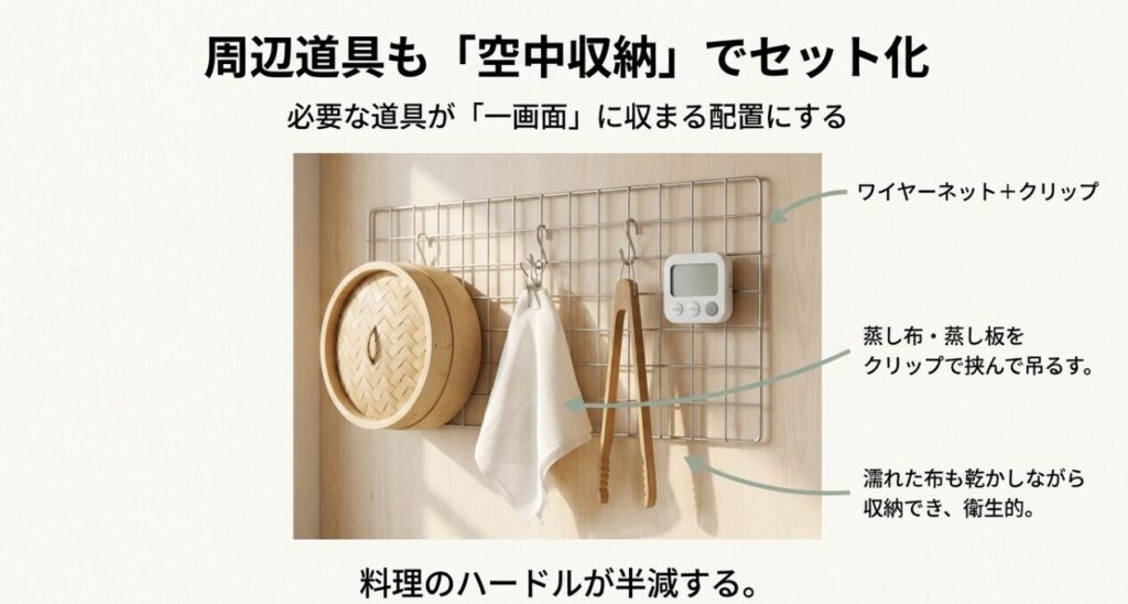 蒸し布やトングも一緒にワイヤーネットで空中収納 / 必要な道具が一画面に収まる配置