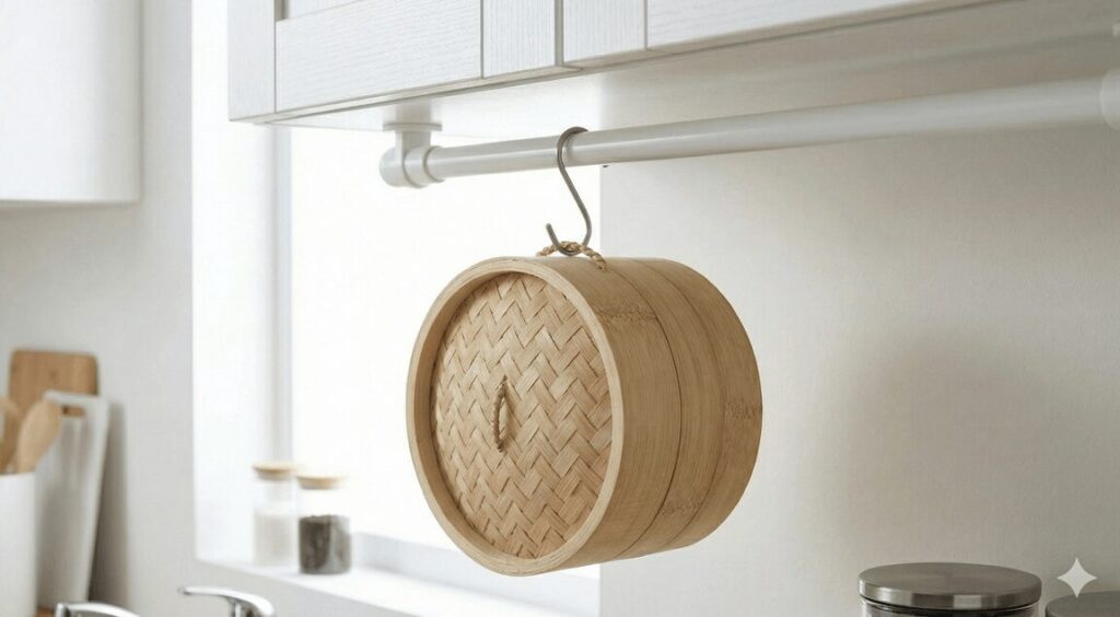 キッチンの吊り戸棚下に突っ張り棒とS字フックを使って吊るされたせいろ