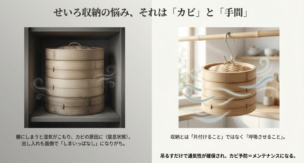 棚収納と吊るす収納の湿気比較 / 棚の中での湿気こもりと吊るすことによる通気性の違い