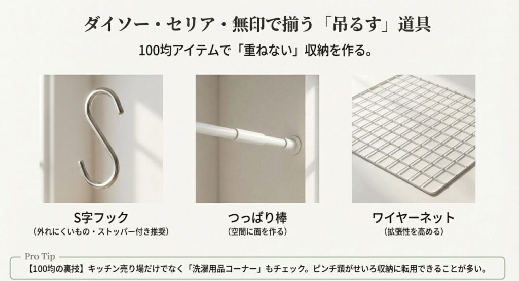 ダイソーやセリアで揃うS字フック・つっぱり棒・ワイヤーネットのセット