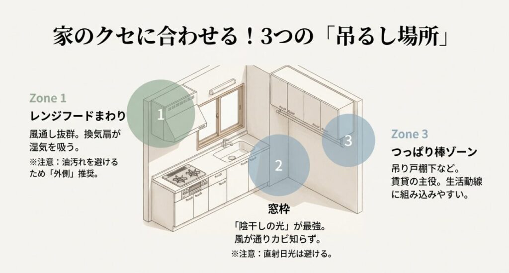 キッチンのせいろ収納おすすめ配置3ゾーン / レンジフード、窓枠、つっぱり棒エリアの配置図