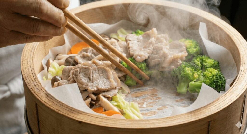 湯気が立つせいろの中で、菜箸を使って豚肉やブロッコリーを寄せ、中央に蒸気の通り道となる隙間を作っている手元のアップ。