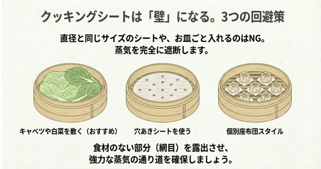 野菜を敷く、穴あきシートを使う、個別座布団にするなど、蒸気を遮断しないシートの使い方の図