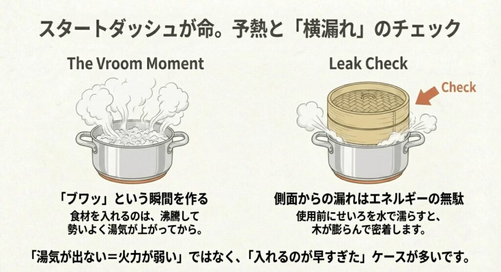 沸騰した鍋から勢いよく湯気が上がっている様子と、側面からの蒸気漏れチェックのイラスト