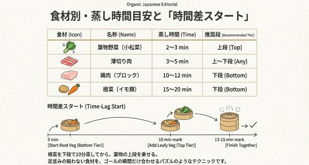 葉物野菜、肉、根菜の蒸し時間目安と、根菜を先に蒸し始める時間差調理の解説図