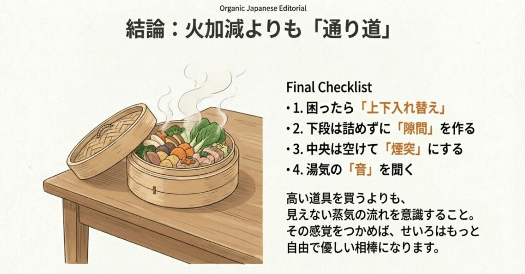 上下入れ替え、隙間作り、煙突効果、音の確認など、記事の要点をまとめたイラスト