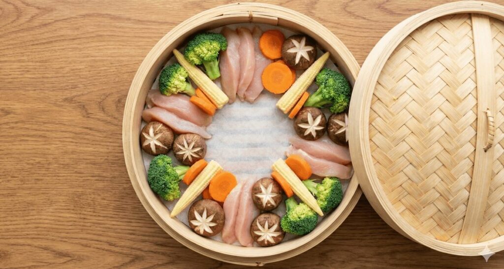 せいろに食材（鶏肉、野菜、きのこ）をドーナツ状に並べた真上からの写真。中央を空けて蒸気の通り道（煙突効果）を確保している正しい配置例。