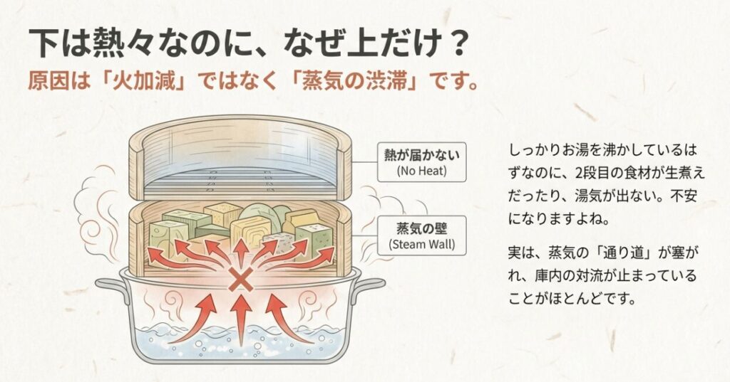 せいろの下段に食材が詰まりすぎて蒸気の壁ができ、上段に熱が届いていない失敗例の図解