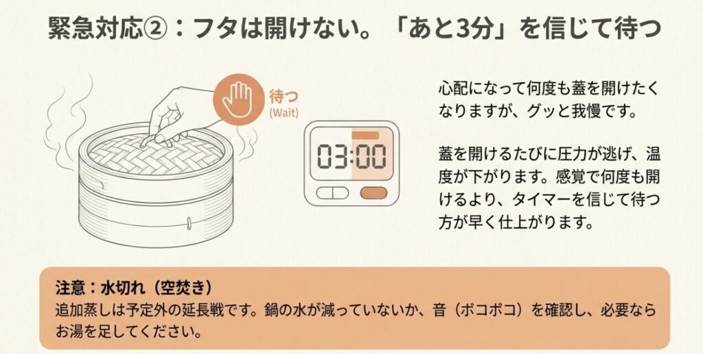 心配で蓋を開けそうになる手を止めて、タイマーで3分計って待つイラスト