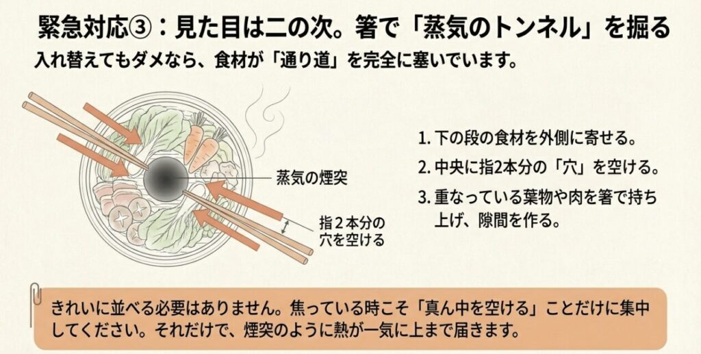 せいろの中央にある食材を箸で寄せて、指2本分の穴を開けて蒸気の煙突を作る図