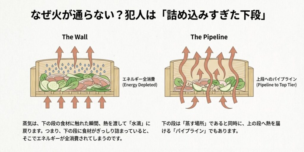 下段の食材が多すぎて蒸気が水滴に戻り、上段へのパイプラインが途切れている解説図