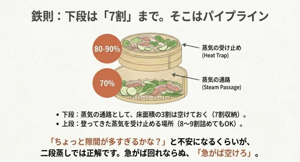 下段は蒸気の通路として70%に抑え、上段は80-90%詰めても良いという配置ルール