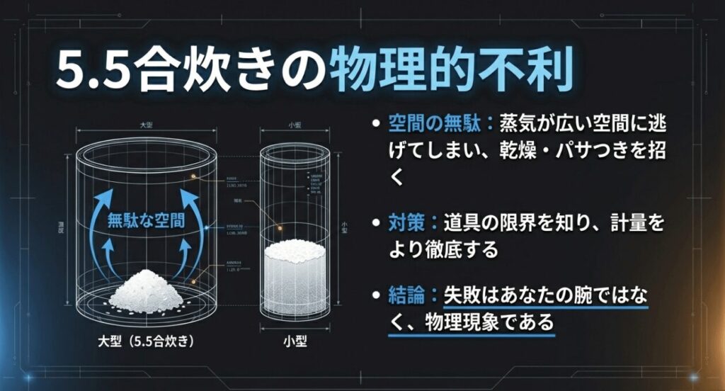 大型釜と小型釜の比較図。大型釜で少量を炊くと無駄な空間が多くなり、蒸気が逃げて乾燥・パサつきを招く物理的な不利を解説