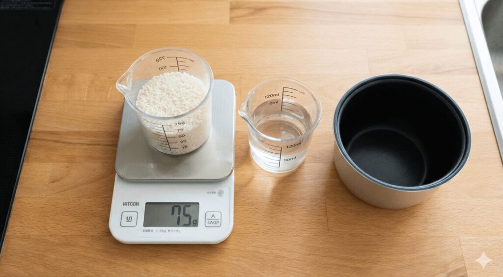 デジタルスケールでお米75gを正確に計量し、横に120mlの水と空の炊飯釜を並べた様子。0.5合炊飯のための精密な計量風景。