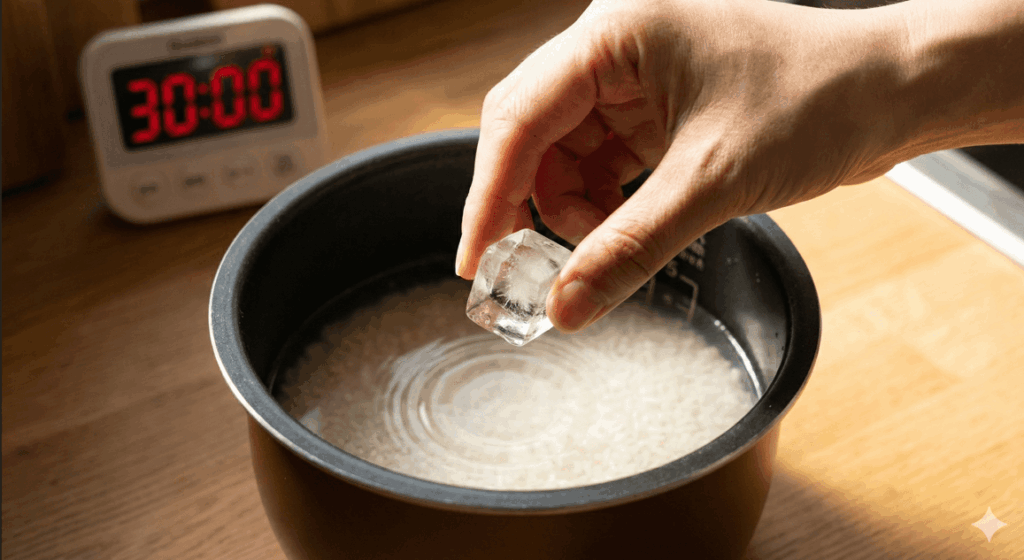 炊飯器の内釜に入ったお米と水の中に、手で氷を1つ投入している瞬間のアップ。背景に30分を示すデジタルタイマーがあり、浸水と沸騰遅延のテクニックを表している。