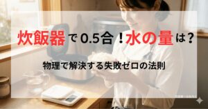 ブログ記事「炊飯器で0.5合！水の量は？物理で解決する失敗ゼロの法則」のタイトル入りアイキャッチ画像。炊きたてご飯を持つ女性の笑顔。