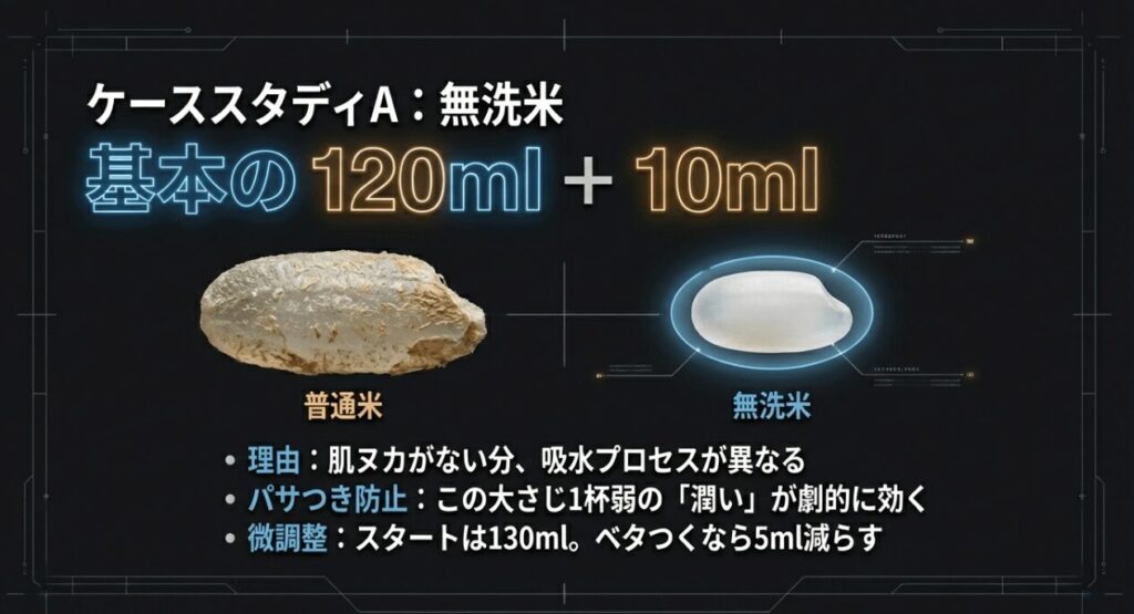 無洗米の場合の水加減を示したスライド。基本の120mlにプラス10ml足すことで、肌ヌカがない分の吸水不足とパサつきを防ぐ