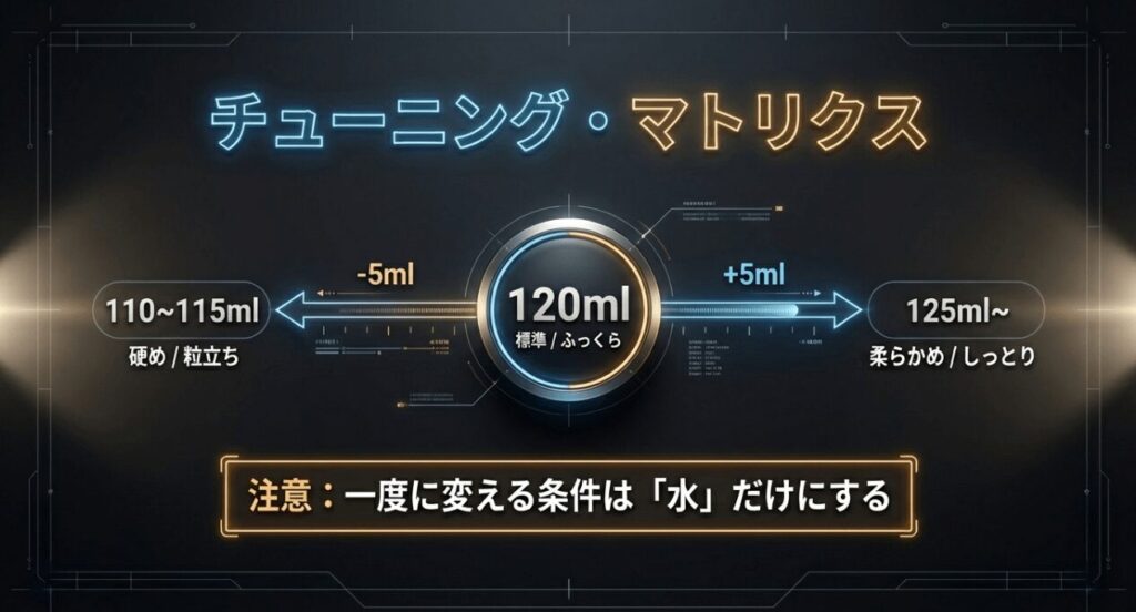好みの硬さに応じた水量の調整チャート。120mlを基準に、硬めならマイナス5ml、柔らかめならプラス5mlと記載されている