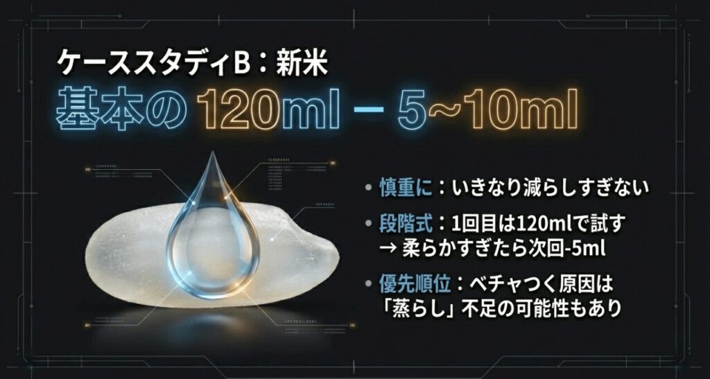 新米の場合の水加減を示したスライド。基本の120mlからマイナス5～10mlで調整し、段階的に減らしていくことが重要と解説