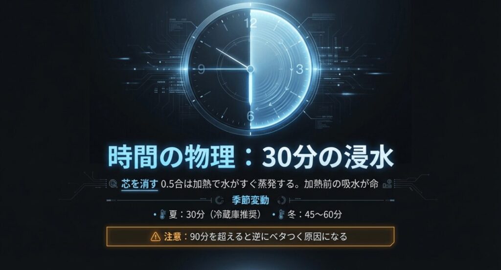 時計が30分を指している画像。加熱前の吸水が命であり、夏は冷蔵庫で30分、冬は45-60分が目安と解説