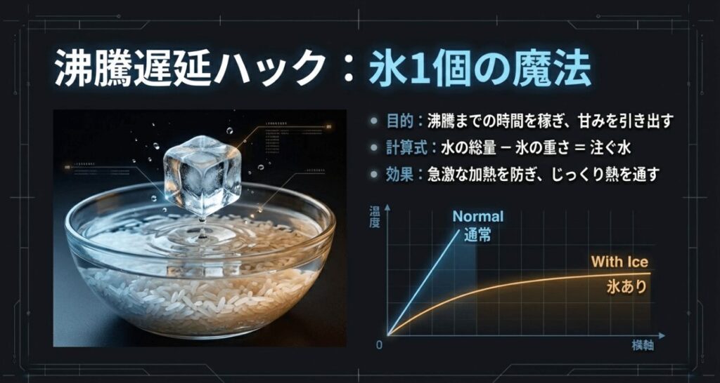 氷を水に入れる画像と、氷あり・なしの温度上昇カーブを比較したグラフ。氷を入れることで温度上昇が緩やかになり甘みが引き出されることを説明
