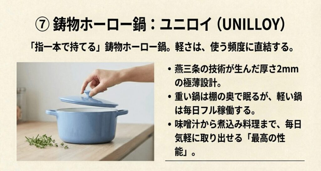 指一本で持てる軽さを実現した鋳物ホーロー鍋ユニロイ
