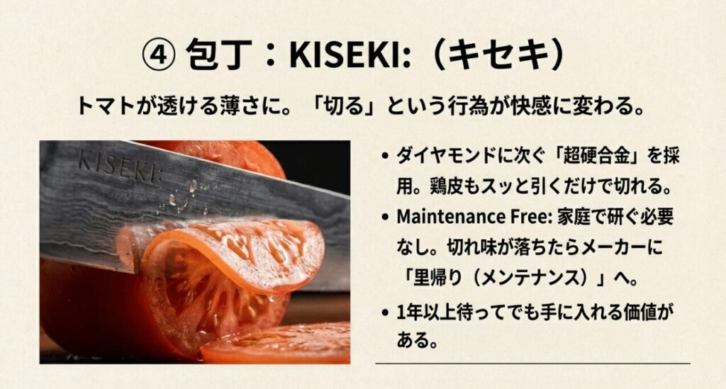 トマトが透ける薄さに切れる超硬合金包丁KISEKI