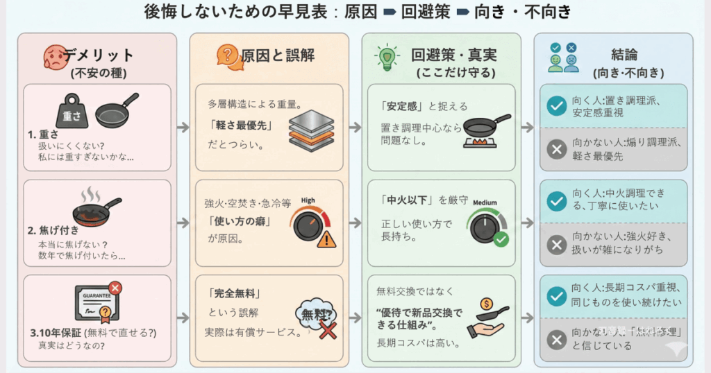 ENTAフライパンのデメリット（重さ・焦げ付き・10年保証）の原因と回避策、向き・不向きをまとめた比較早見表の図解。