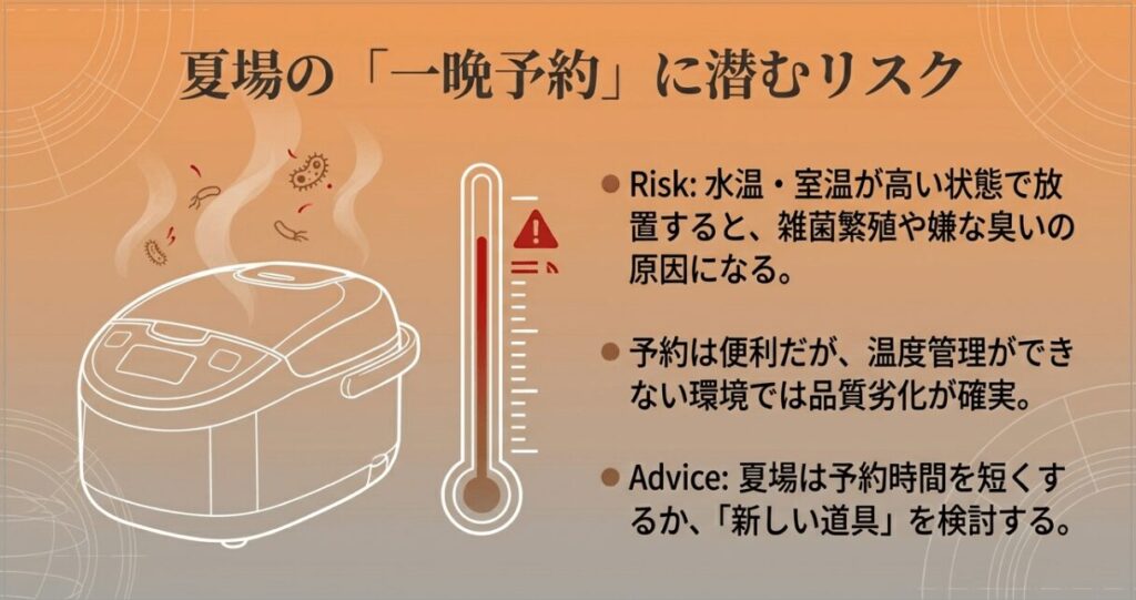 夏場の長時間予約炊飯におけるリスク警告。高温環境での放置による雑菌繁殖や臭いの原因についての解説。