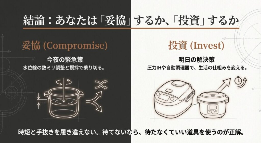 生米の山の上に置かれた15分計のタイマーと、湯気が立つ炊き立てご飯の比較イメージ