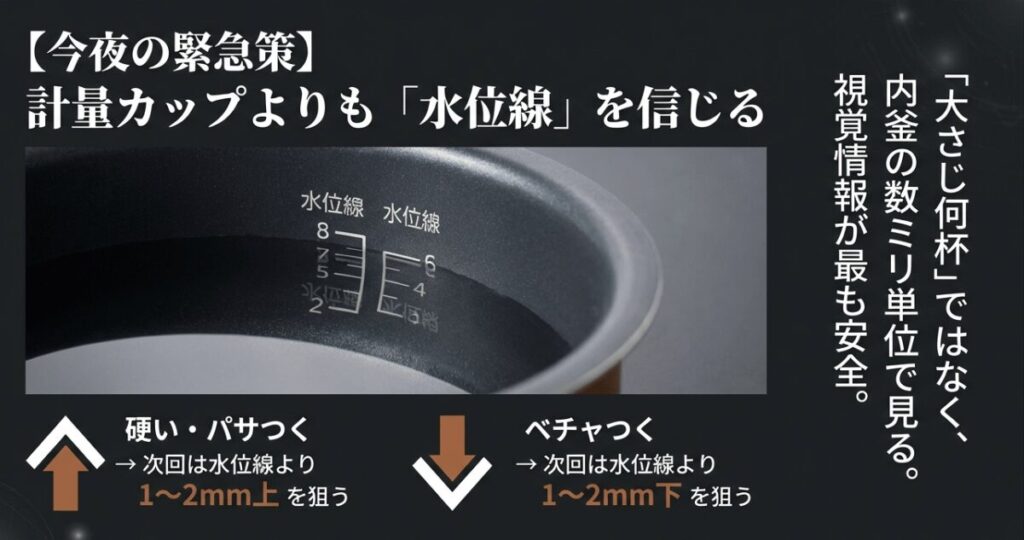 計量カップの目盛りよりも内釜の水位線を信じるべき理由。硬い場合は水位線より1〜2mm上を狙う調整テクニックの図解。