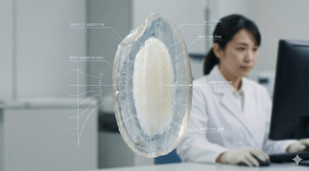 米粒の吸水メカニズムを示す断面図のCGと、背景で研究を行う白衣の女性。