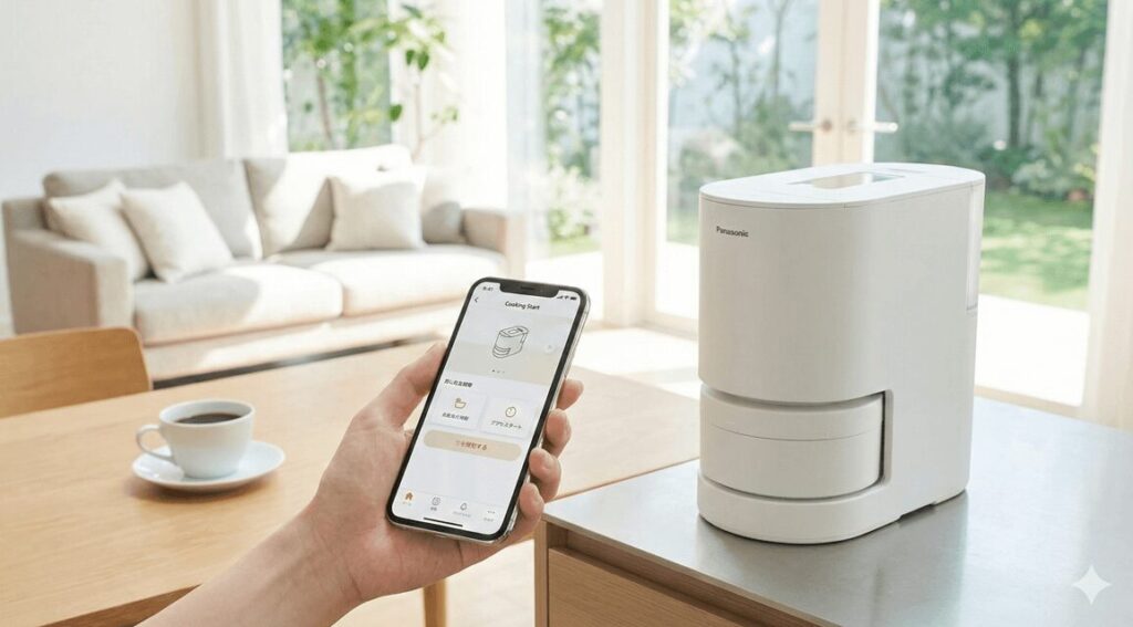 リビングのテーブルに置かれたパナソニックの白い自動調理鍋と、「Cooking Start」画面を表示したスマートフォンを持つ手。