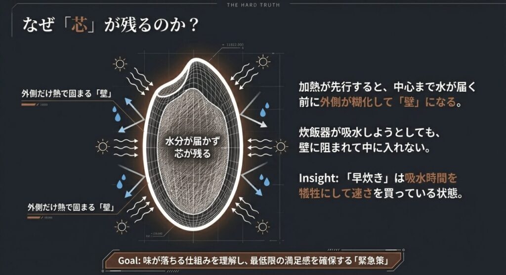 お米の断面図。加熱が先行すると外側だけが糊化して壁となり、中心部に水分が届かず芯が残ってしまうメカニズムの解説。