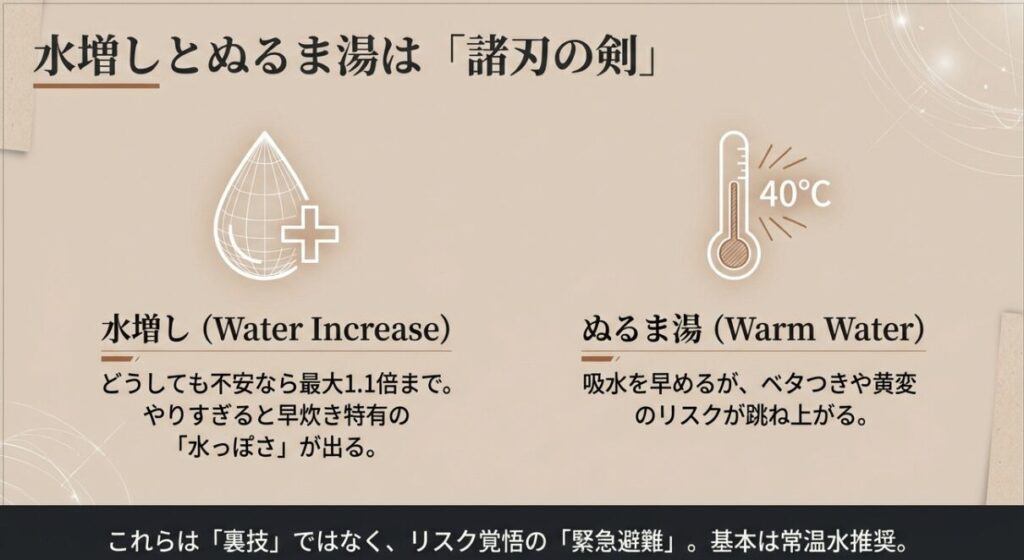 40℃のぬるま湯を使った吸水促進のメリットとリスク。吸水は早まるが、ベタつきや黄変の原因になることを警告するスライド。