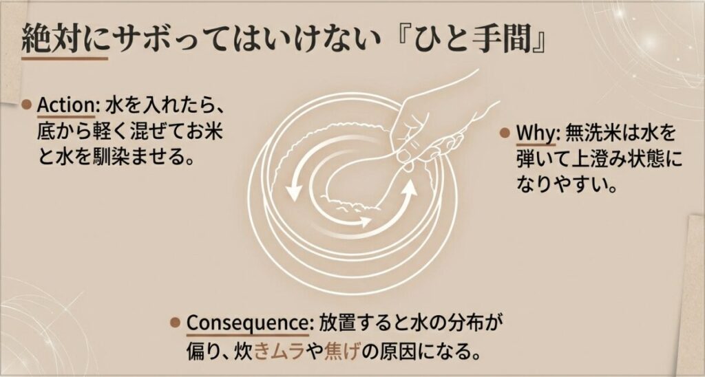 炊飯器の内釜の中で、お米と水を底から軽く混ぜる動作のイラスト。無洗米の水弾きによる炊きムラを防ぐための重要な手順。