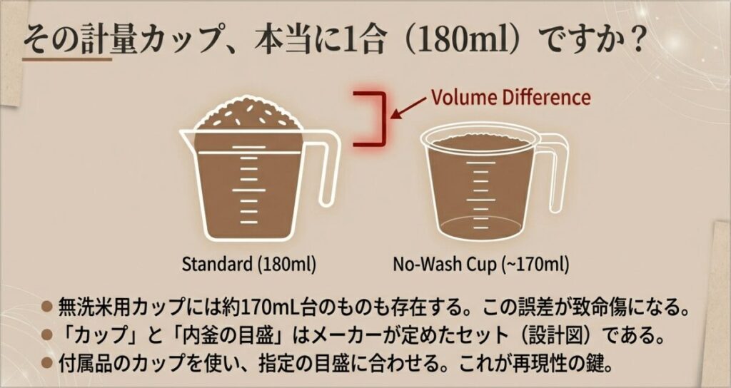 標準の計量カップ(180ml)と無洗米用カップ(約170ml)の容量差を示した比較図。カップの違いが水加減の失敗につながることを解説。