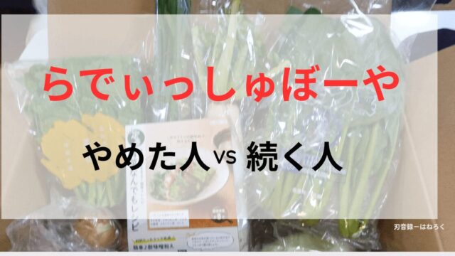 「段ボールに詰められた新鮮な野菜を背景に、『らでぃっしゅぼーや　やめた人 vs 続く人』という大きな文字が重なっている比較記事のメイン画像」