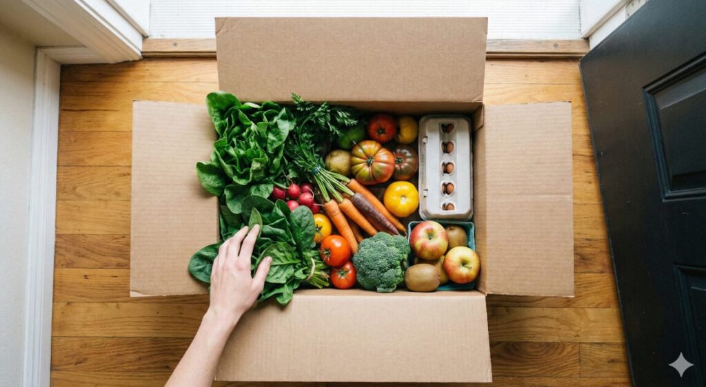 玄関に届いたばかりのらでぃっしゅぼーやお試しセットの段ボール箱と中身の野菜・果物