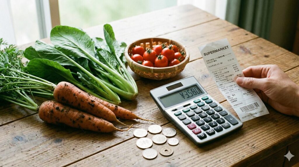 らでぃっしゅぼーやの野菜の価格を電卓とレシートで計算しコスパを検証している様子