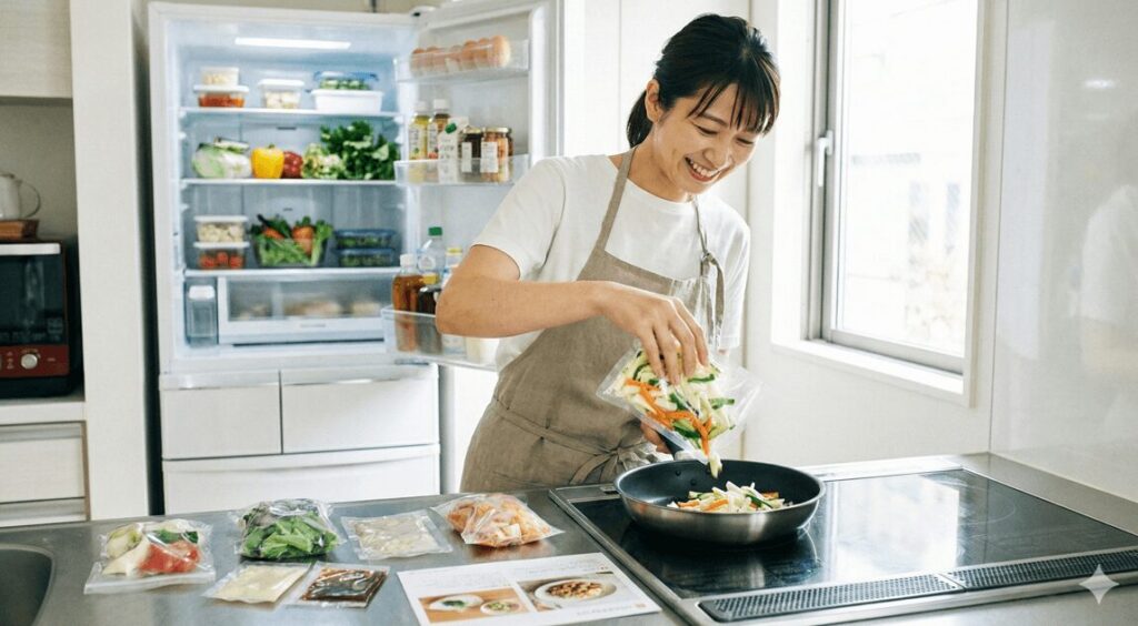 「明るいモダンなキッチンで、笑顔の日本人女性がミールキットを使って料理をしている様子。カット済みの野菜を袋からフライパンに入れ、手際よく調理している。手前のカウンターには小分けにされた食材やレシピが並び、背景の開いた冷蔵庫の中は整理整頓され、清潔感あふれるストレスフリーな雰囲気が漂っている。」