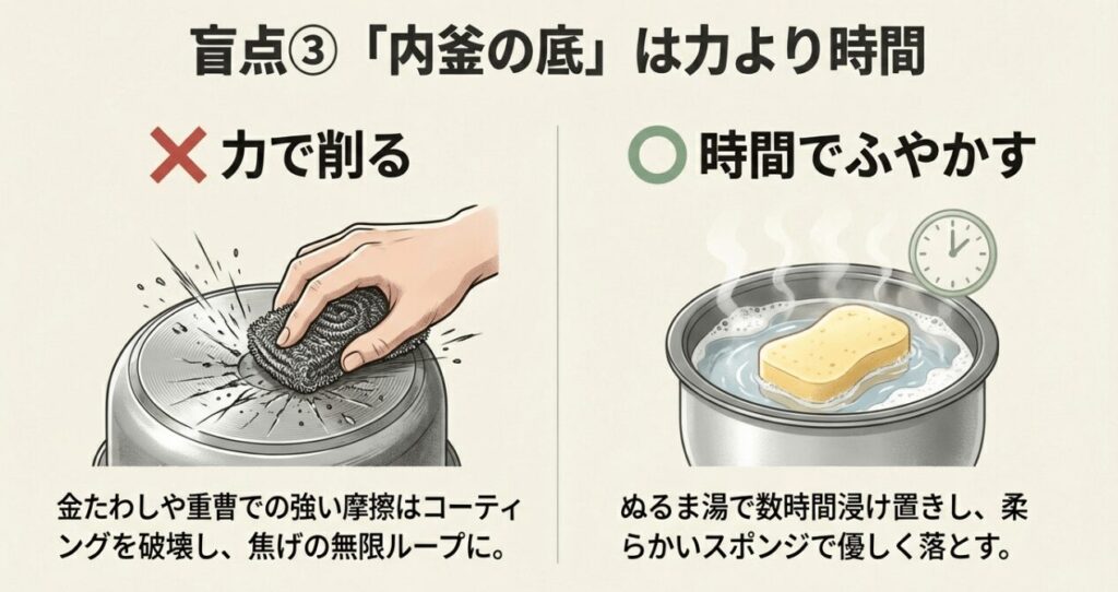 盲点③「内釜の底」は力より時間でふやかす