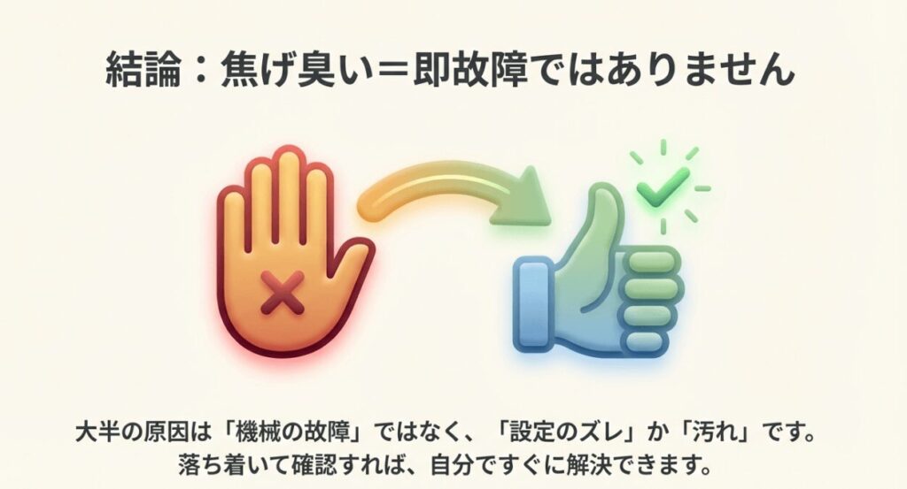 結論:焦げ臭い=即故障ではありません。大半の原因は設定ズレか汚れです