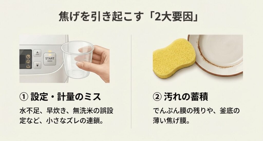 焦げを引き起こす2大要因:設定計量ミス・汚れの蓄積